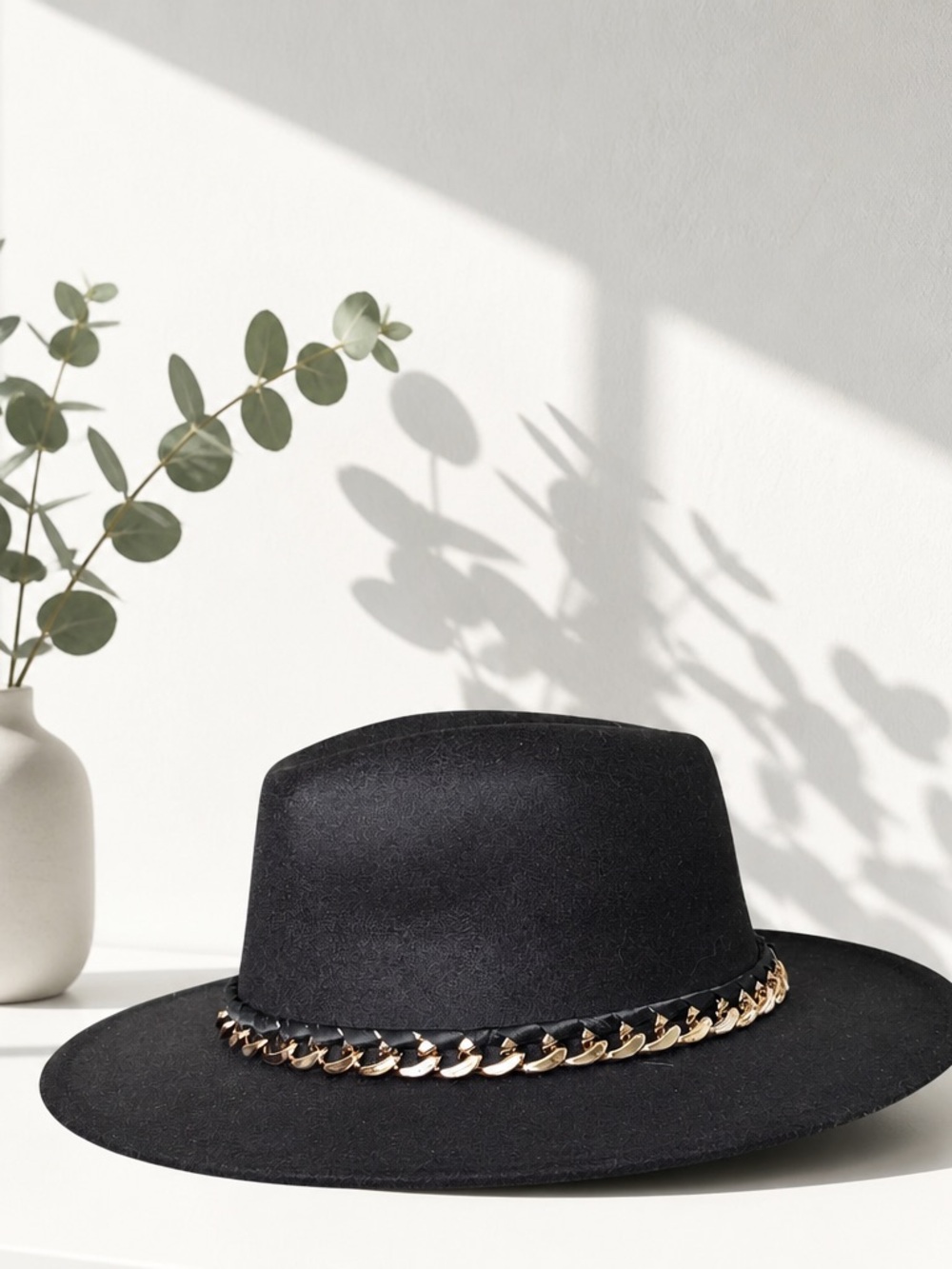 Black Wide-Brim Hat with Gold Chain Accent